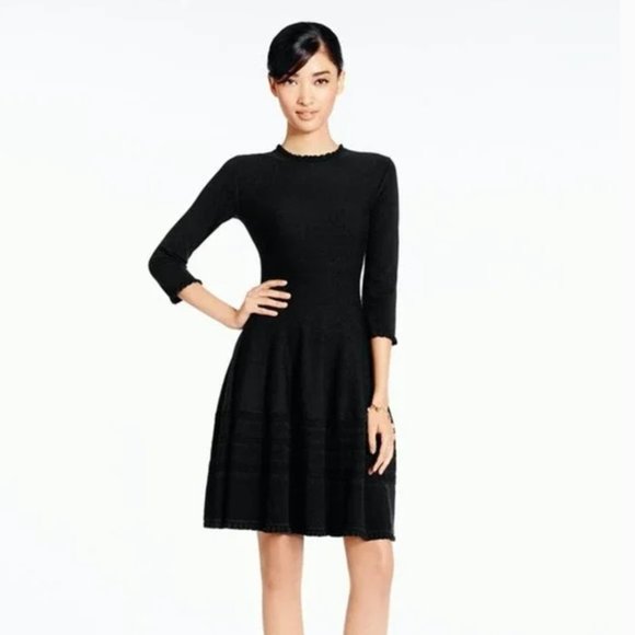 Kate Spade Knit Pointelle Dress Ruffle Neck Sleeves Fit & Flare Drop Waist - Picture 3 of 9